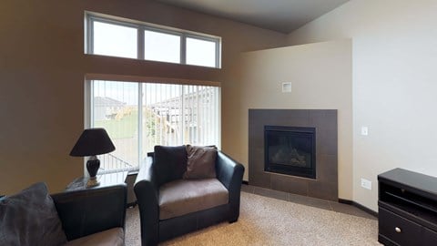 fireplace, gas fireplace, living room, large windows
